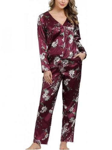 Sets Women's Satin Pajama Set Long Sleeve Button Down Pj Tops with Pants Sleepwear Set - Burgundy-floral - CQ192WMARQQ $45.13