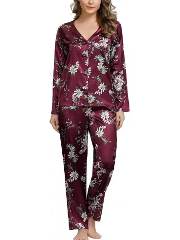 Sets Women's Satin Pajama Set Long Sleeve Button Down Pj Tops with Pants Sleepwear Set - Burgundy-floral - CQ192WMARQQ $23.17