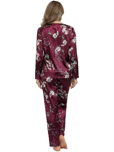 Sets Women's Satin Pajama Set Long Sleeve Button Down Pj Tops with Pants Sleepwear Set - Burgundy-floral - CQ192WMARQQ $23.17