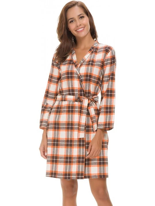 Robes Women Short Spa Robes Plaid Homewear Pockets Kimono Lounge Bathrobe - Orange - CO18GAWM0QL $24.90