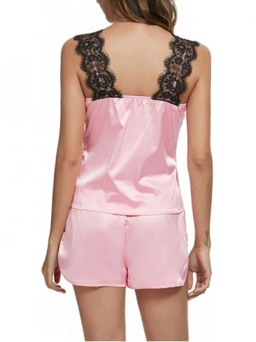 Sets Lingerie for Women Satin Pajamas Set Lace Cami Shorts Set Nightwear Two Piece Silky Pajama Sleepwear - Pink - CM190N8ETC...