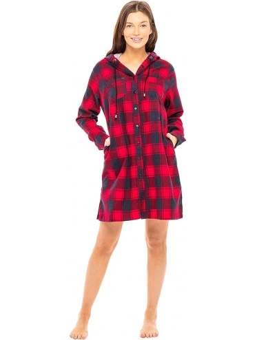 Tops Women's Warm Flannel Sleep Shirt with Hood- Button Down Pajama Top - Red and Navy Plaid - CT18TTI0AWM $58.08