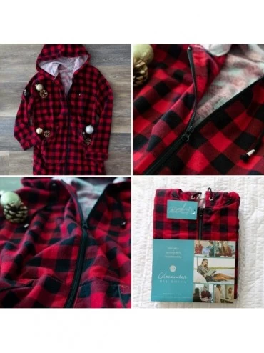 Tops Women's Warm Flannel Sleep Shirt with Hood- Button Down Pajama Top - Red and Navy Plaid - CT18TTI0AWM $34.70