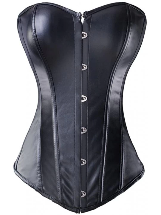 Bustiers & Corsets All Black Overbust Boned Goth Steampunk Corset Waist Traning Shaper Corselet - Faux Leather Pure Black - C...