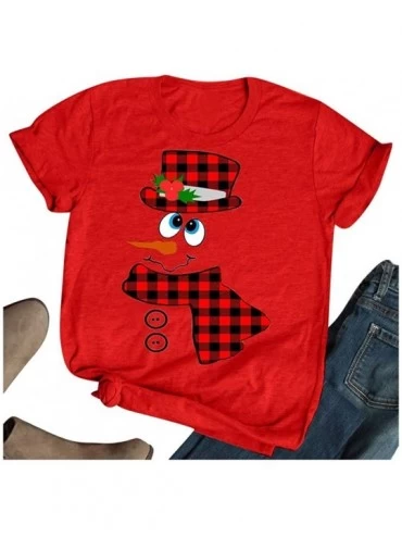 Tops Merry Christmas Snowman Printed Baseball T Shirts Womens Casual Plaid Print Short Sleeve Xmans Graphic Tees Blouse B - C...