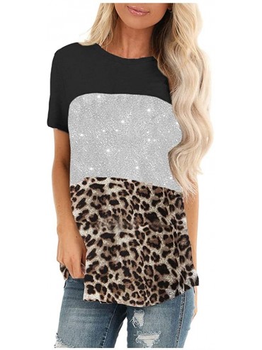 Tops Leopard Print Tops for Women Casual Short Sleeve T Shirts O Neck Sequin Tunic Elegant Tops - Za-black - C11973E3ZW3 $28.51