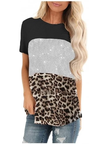 Tops Leopard Print Tops for Women Casual Short Sleeve T Shirts O Neck Sequin Tunic Elegant Tops - Za-black - C11973E3ZW3 $25.38