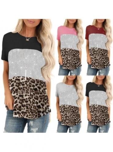 Tops Leopard Print Tops for Women Casual Short Sleeve T Shirts O Neck Sequin Tunic Elegant Tops - Za-black - C11973E3ZW3 $17.04