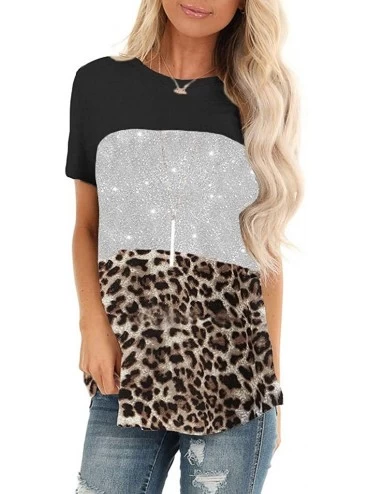 Tops Leopard Print Tops for Women Casual Short Sleeve T Shirts O Neck Sequin Tunic Elegant Tops - Za-black - C11973E3ZW3 $17.04