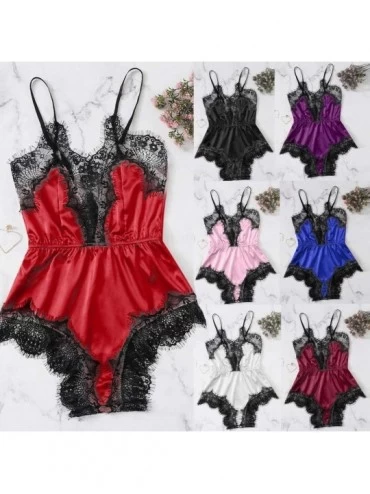 Nightgowns & Sleepshirts Women Satin Bodysuit Babydoll Sexy Lingerie Lace Bra Underpant Siamese Sleepwear Sling Nightwear Paj...