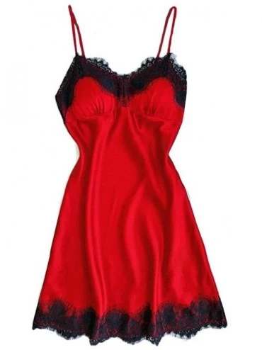 Baby Dolls & Chemises Women Sexy Lace Sleepwear Sling V-Neck Chemise Silk Nightgown Lingerie Sleepwear Dress - Red - CN18R7LK...