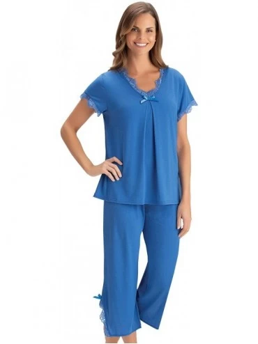 Sets 2pc Cute Soft-Touch Lace Trim Capri Pajama Sleepwear Set - Includes V-Neck Top & Pant - Royal Blue - C11956AZOOD $42.88