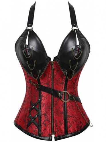 Bustiers & Corsets Women Plus Size Lace up Corset Faux Leather G-String Top Corset Steel Boned-C653 - Red - CF190ORWY79 $62.92