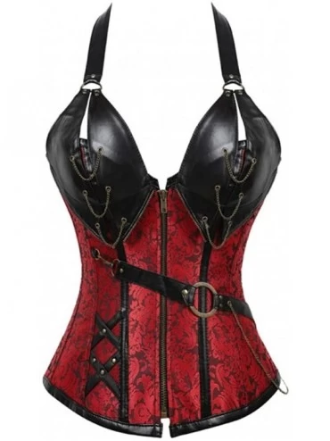 Bustiers & Corsets Women Plus Size Lace up Corset Faux Leather G-String Top Corset Steel Boned-C653 - Red - CF190ORWY79 $31.84