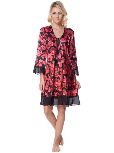 Nightgowns & Sleepshirts Women's Printed Satin Nightgown- Silky Long Sleeve Nightdress - Red Floral Print - CH18D6H8K5X $28.96