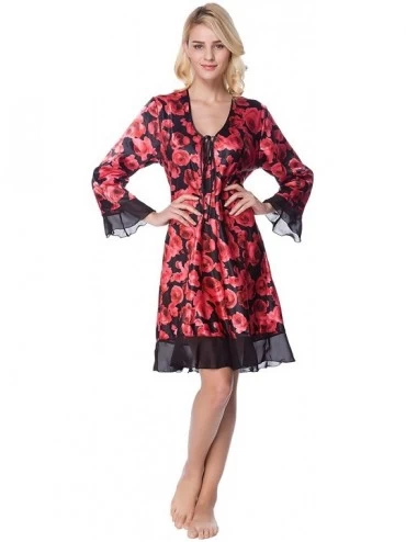 Nightgowns & Sleepshirts Women's Printed Satin Nightgown- Silky Long Sleeve Nightdress - Red Floral Print - CH18D6H8K5X $28.96