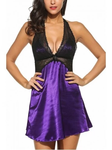 Baby Dolls & Chemises Women Lingerie Satin Nightgown Spaghetti Strap Sleepwear Lace Babydoll Chemise - Style 4-purple - CV18M...
