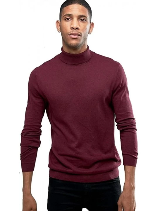 Undershirts Men's Roll Neck Soft Cotton Long-Sleeve Tops - Burgundy - CJ11OS2P3A9 $24.90