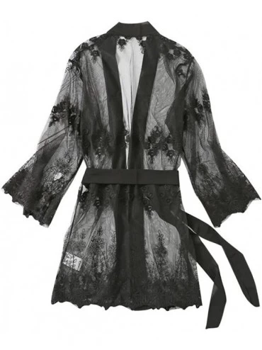 Tops Oil-LIKIO Women's Long Sleeve Robe Silk Sexy Casual Soft Lace Nightwear Pajamas Sleepwear - C219736XCXD $24.95