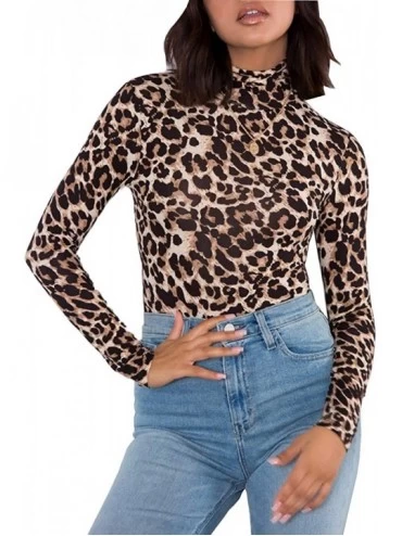 Shapewear Womens Sexy Leopard Print Bodysuit Long Sleeve Bodycon Jumpsuit Mock Neck Stretchy Leotard Tops - Leopard 01 - CM18...