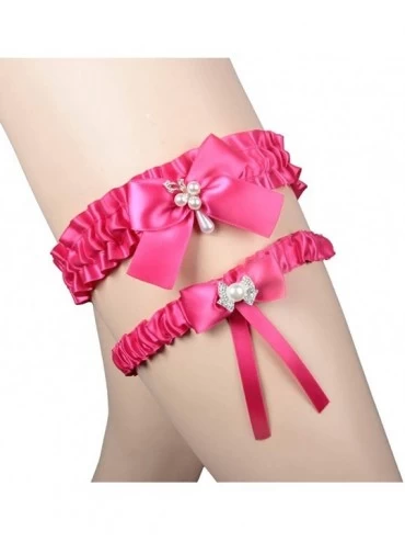 Garters & Garter Belts Flowers Rhinstones Wedding Garters for Bride Pearls Lace Garter Set of 2 - M-fuchsia - C518QN579HN $25.10