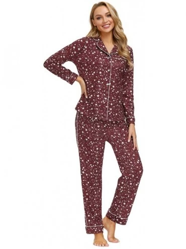 Sets Women's Pajama Set Button Down Long/Short Sleeve Sleepwear Lightweight Soft PJs - Wine Red-star - C619CYRI8MN $51.12