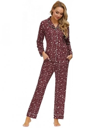 Sets Women's Pajama Set Button Down Long/Short Sleeve Sleepwear Lightweight Soft PJs - Wine Red-star - C619CYRI8MN $21.41