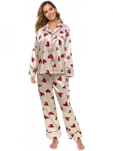 Sets Women's Silky Satin Pajamas Set Sleepwear Loungewear Long Sleeves and Button Down - Love Heart - C519G8MENK4 $47.92