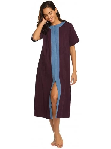 Robes Women's Long Robe Zipper Short Sleeve Loungewear Pockets Wine Red-Mid Grey / Tnf Black-Small - C818LT5U7YK $46.98