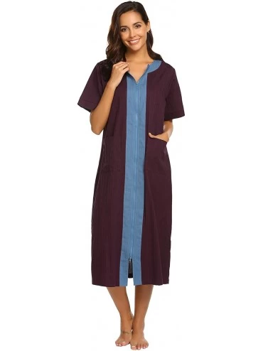 Robes Women's Long Robe Zipper Short Sleeve Loungewear Pockets Wine Red-Mid Grey / Tnf Black-Small - C818LT5U7YK $30.48