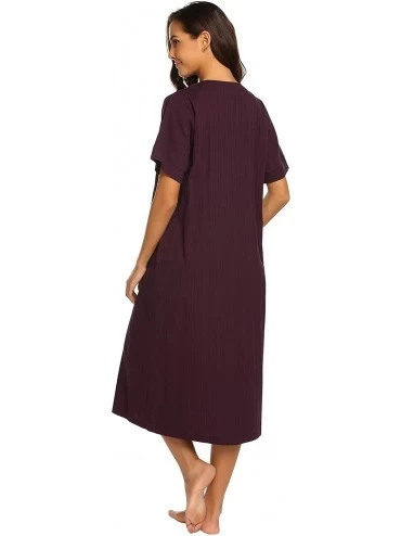 Robes Women's Long Robe Zipper Short Sleeve Loungewear Pockets Wine Red-Mid Grey / Tnf Black-Small - C818LT5U7YK $30.48