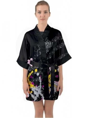 Robes Womens Fashion Peace Love and Music Pattern Quarter Sleeve Satin Kimono Robe Sleep Wear Dress XS 3XL Yellow Splash - CH...