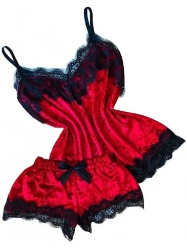 Garters & Garter Belts New Women Sexy Lingerie Camisole Bow Shorts V-Neck Tops Velvet Pajamas Sleepwear - Red - C3194KDR06T $...