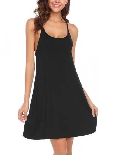 Nightgowns & Sleepshirts Women Sleepwear Deep V-Neck Backless Solid Loose Nightdress - Black2 - C918EGD6UR3 $16.40