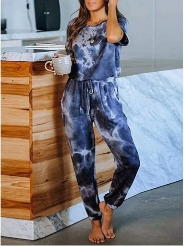 Sets Womens Tie Dye Printed One Piece Long Pajamas Keyhole Short Sleeve Casual Jumpsuit Loungewear Nightwear Navy Blue - C719...