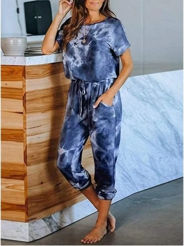 Sets Womens Tie Dye Printed One Piece Long Pajamas Keyhole Short Sleeve Casual Jumpsuit Loungewear Nightwear Navy Blue - C719...