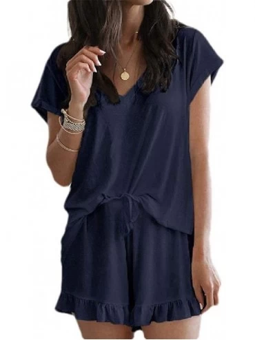 Sets Women Sleepwear V-Neck Short Sleeve Tee and Shorts Pajama Set - Purplish Blue - CB19CH87L7G $41.73