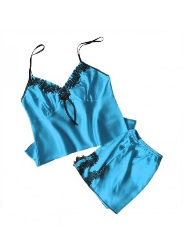 Shapewear Lady Pajama Set- Womens Sleepwear Cami and Shorts Set Solid Strap Nightwear Cami Top Sleepwear Sets - Blue - C218OI...