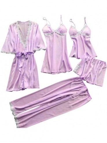 Baby Dolls & Chemises Women Sexy Lace Lingerie Nightwear Underwear Babydoll Sleepwear Dress 5PC Suit - Light Purple - CF199UU...