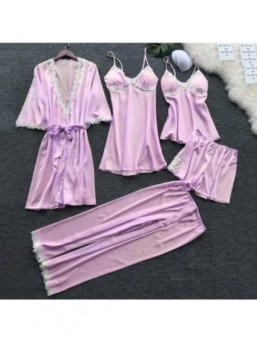 Baby Dolls & Chemises Women Sexy Lace Lingerie Nightwear Underwear Babydoll Sleepwear Dress 5PC Suit - Light Purple - CF199UU...