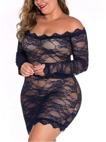 Bras Women Off The Shoulder Lace Fishnet Strapless Plus Size Long Sleeve Pullover Sleepwear Dress Nightwear - Navy - C319587M...