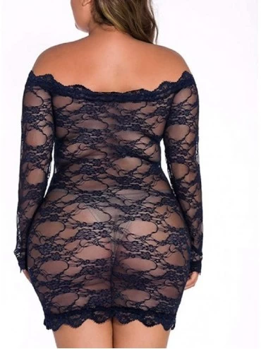 Bras Women Off The Shoulder Lace Fishnet Strapless Plus Size Long Sleeve Pullover Sleepwear Dress Nightwear - Navy - C319587M...