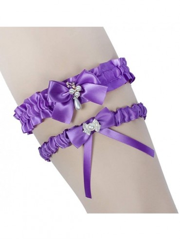 Garters & Garter Belts 2019 Handmade Rhinstones Lace Wedding Garters for Bride Garter Set 2 Pcs - Z1-purple - CZ18QWQA3HQ $31.48