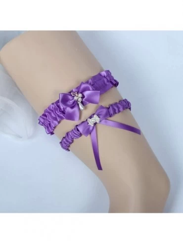 Garters & Garter Belts 2019 Handmade Rhinstones Lace Wedding Garters for Bride Garter Set 2 Pcs - Z1-purple - CZ18QWQA3HQ $13.33