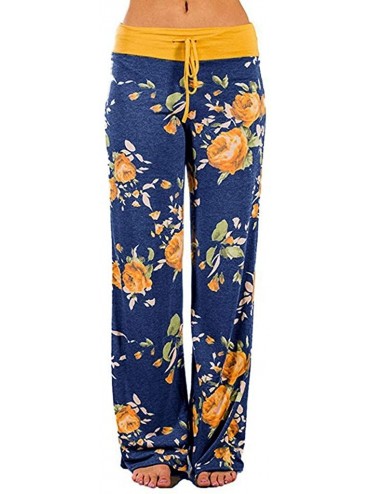 Bottoms Trousers for Womens Comfy Casual Pajama Pants Floral Print Drawstring Palazzo Lounge Pants Wide Leg Sweatpants L - CJ...