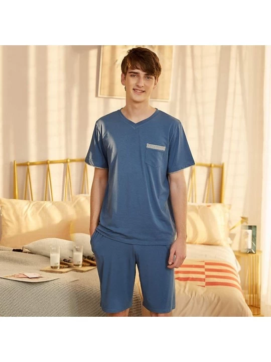 Sleep Sets Summer Men's Pajamas Set Sleepwear Short Sleeve Casual Soft Big Size L-3XL Mens Pyjama Men Clothes-Dark Blue-L - D...