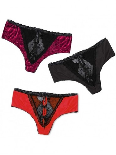 Slips Womens Sexy Lace Open Crotch Bowknot Underpants 3Pcs- Lightness Comfortable Soft Gauze Seamless Thong Briefs Set - Blac...