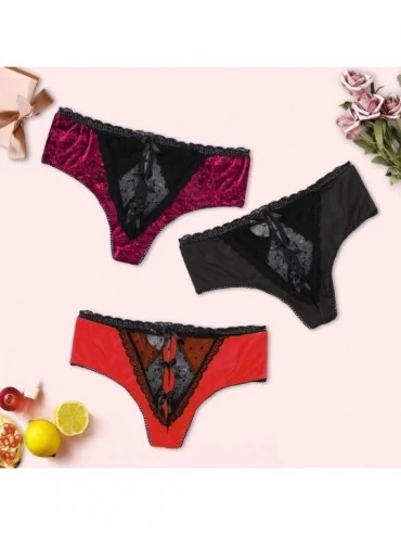 Slips Womens Sexy Lace Open Crotch Bowknot Underpants 3Pcs- Lightness Comfortable Soft Gauze Seamless Thong Briefs Set - Blac...
