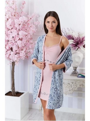 Nightgowns & Sleepshirts Women's Cotton Nightgown Sets Soft Sleepwear Set Kimono Robe Pajama Dress - Grey-pink - CR19E7ZRRN7 ...