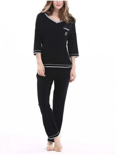 Sets Women's V-Neck Knit Sleepwear 3/4 Sleeves Top with Pants Soft Pajama Set - A-black - CC17YIXTGH4 $66.00
